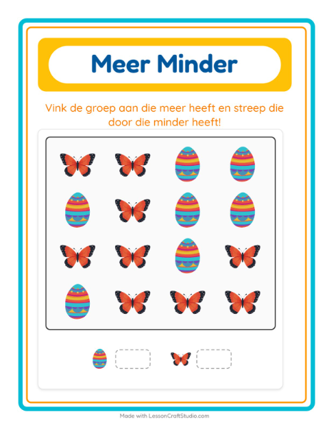 Voorbeeld van het Meer Of Minder-werkblad met Pasen voor peuterklas