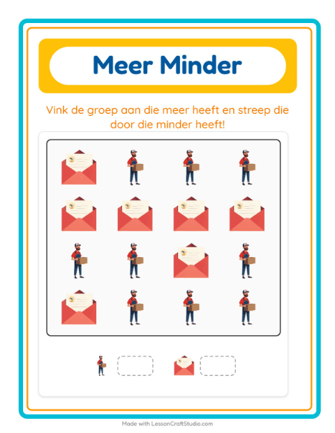 Voorbeeld van het Meer Of Minder-werkblad met Postkantoor voor peuterklas