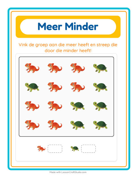 Voorbeeld van het Meer Of Minder-werkblad met Reptielen en amfibieën voor peuterklas