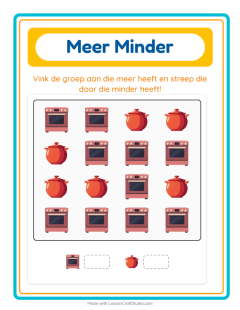 Voorbeeld van het Meer Of Minder-werkblad met Rond het huis voor peuterklas