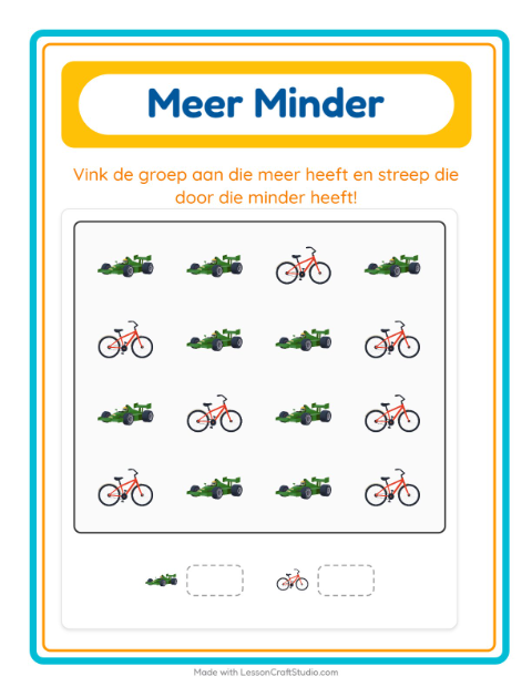 Voorbeeld van het Meer Of Minder-werkblad met Voertuigen voor peuterklas