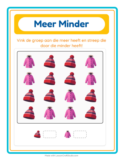 Voorbeeld van het Meer Of Minder-werkblad met Winter voor peuterklas