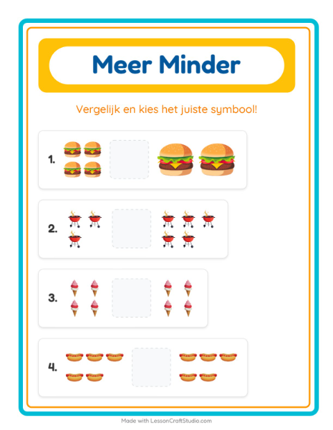 Voorbeeld van het Meer Of Minder-werkblad met 4 juli voor peuterklas