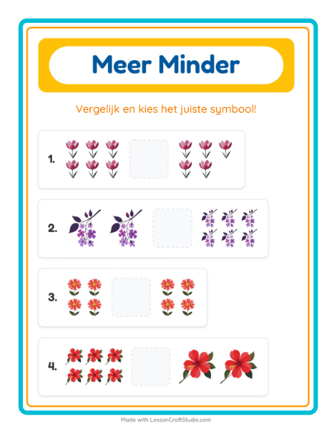 Voorbeeld van het Meer Of Minder-werkblad met Bloemen voor peuterklas