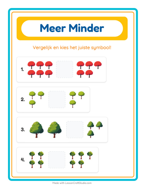 Voorbeeld van het Meer Of Minder-werkblad met Bomen voor peuterklas