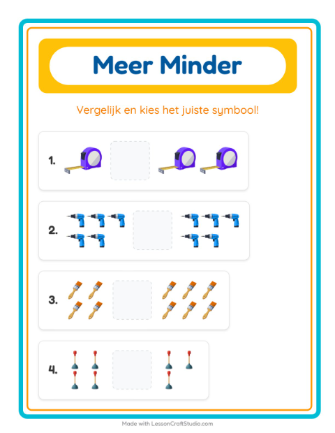 Voorbeeld van het Meer Of Minder-werkblad met Gereedschap voor peuterklas