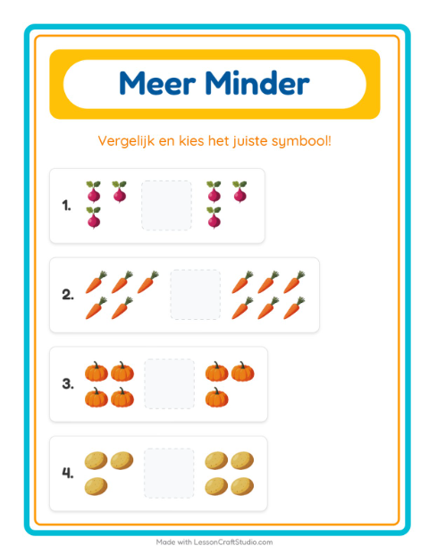 Voorbeeld van het Meer Of Minder-werkblad met Groenten voor peuterklas