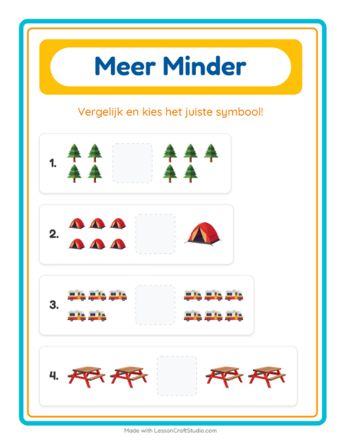 Voorbeeld van het Meer Of Minder-werkblad met Kamperen voor peuterklas