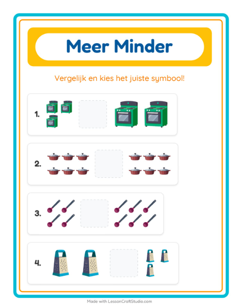 Voorbeeld van Meer of minder keukenspullen – werkblad voor kleuters