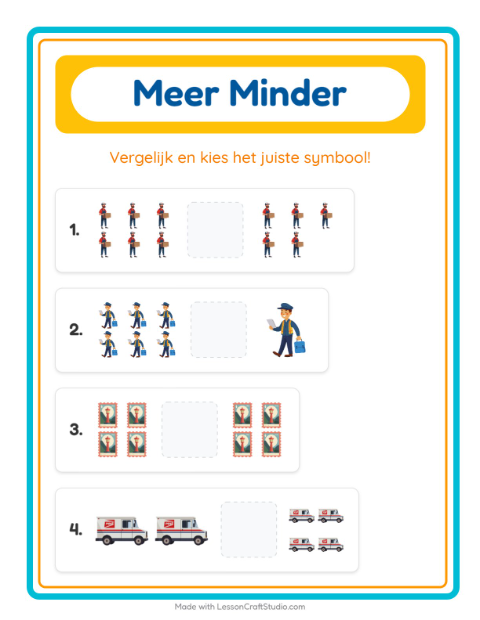Voorbeeld van het Meer Of Minder-werkblad met Postkantoor voor peuterklas