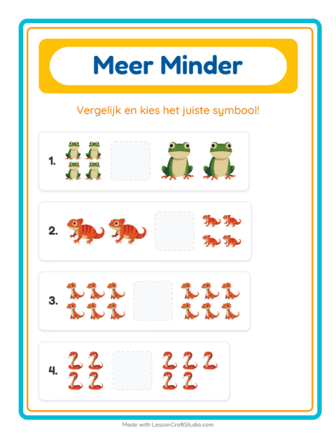 Voorbeeld van het Meer Of Minder-werkblad met Reptielen en amfibieën voor peuterklas