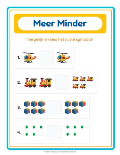 Voorbeeld van Meer of minder speelgoedjes – werkblad voor kleuters
