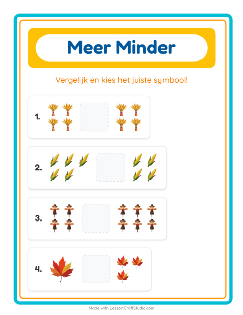 Voorbeeld van het Meer Of Minder-werkblad met Thanksgiving voor peuterklas