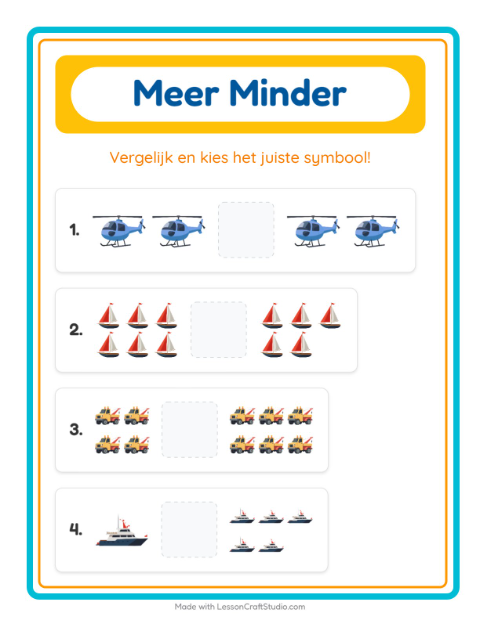 Voorbeeld van het Meer Of Minder-werkblad met Voertuigen voor peuterklas