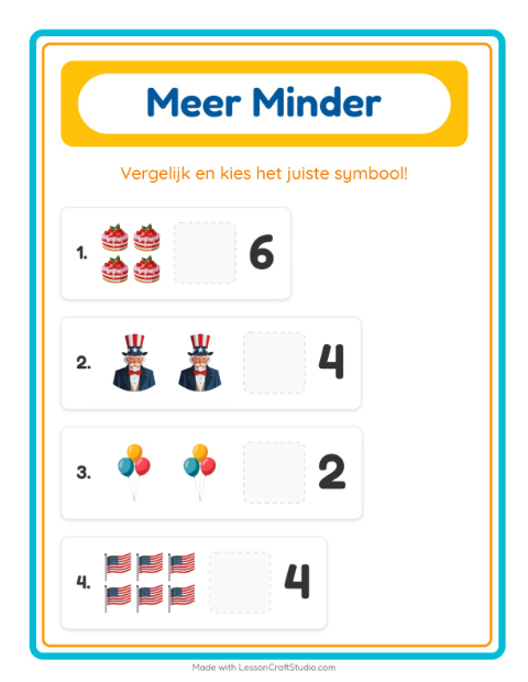 Voorbeeld van het Meer Of Minder-werkblad met 4 juli voor peuterklas