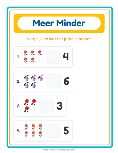 Voorbeeld van het Meer Of Minder-werkblad met Bloemen voor peuterklas