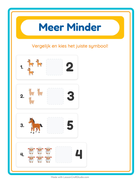 Voorbeeld van het Meer Of Minder-werkblad met Boerderijdieren voor peuterklas