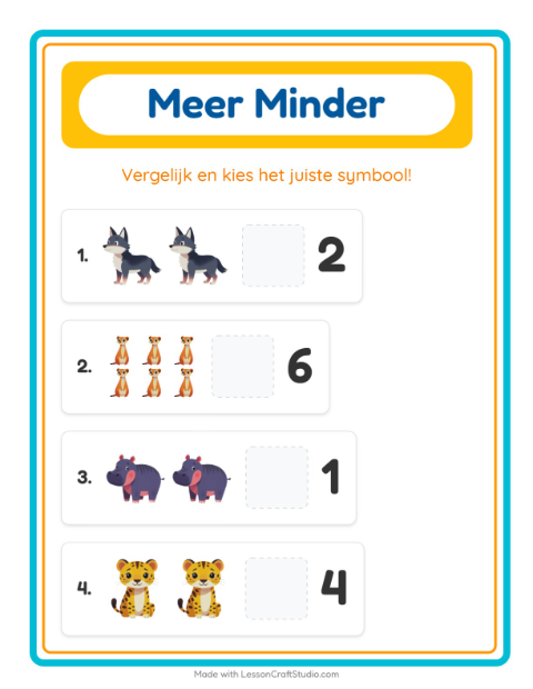 Voorbeeld van het Meer Of Minder-werkblad met Dierentuindieren voor peuterklas