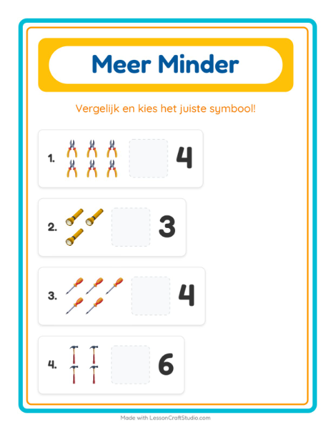 Voorbeeld van het Meer Of Minder-werkblad met Gereedschap voor peuterklas