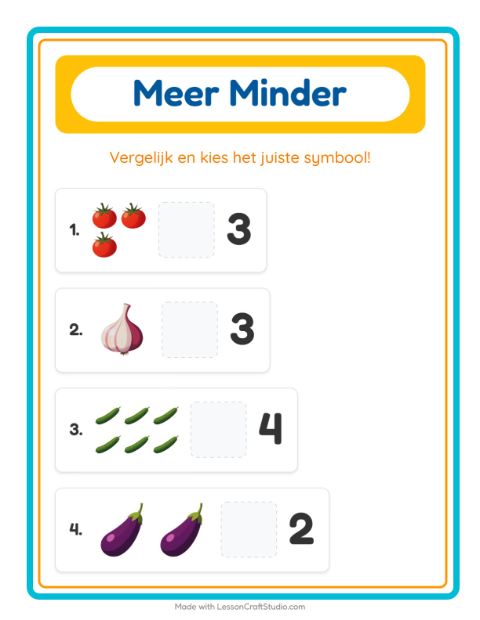 Voorbeeld van het Meer Of Minder-werkblad met Groenten voor peuterklas
