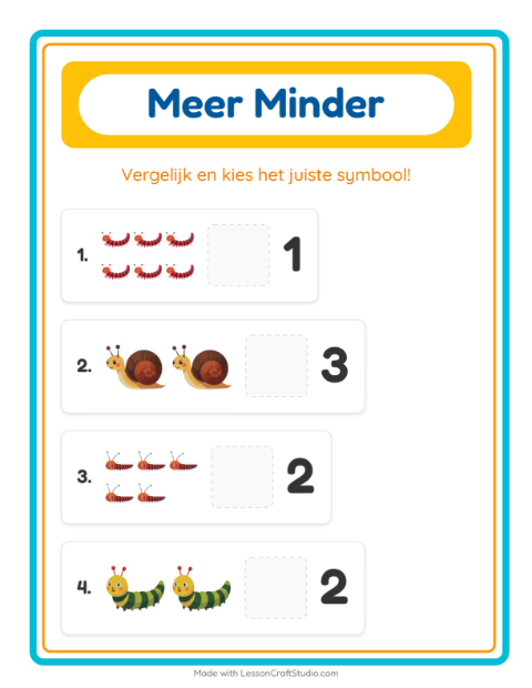 Voorbeeld van het Meer Of Minder-werkblad met Insecten en beestjes voor peuterklas