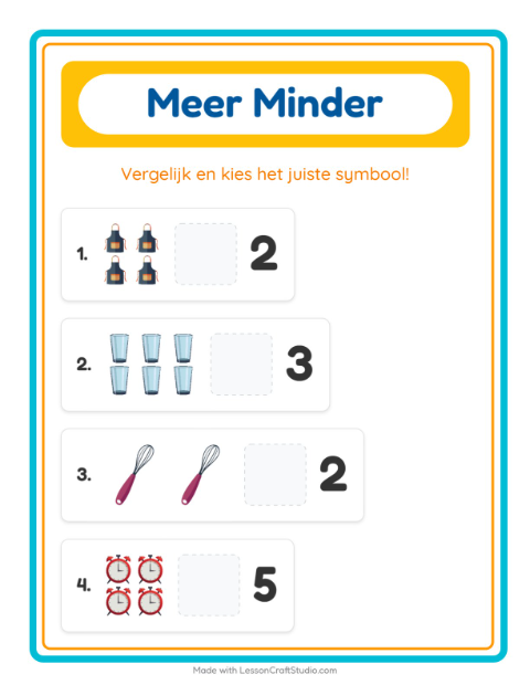 Voorbeeld van het Meer Of Minder-werkblad met Keukengerei voor peuterklas