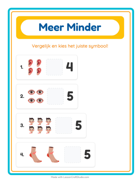 Voorbeeld van het Meer Of Minder-werkblad met Lichaamsdelen voor peuterklas