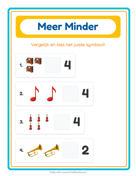 Voorbeeld van het Meer Of Minder-werkblad met Muziek voor peuterklas