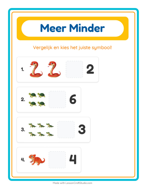 Voorbeeld van het Meer Of Minder-werkblad met Reptielen en amfibieën voor peuterklas