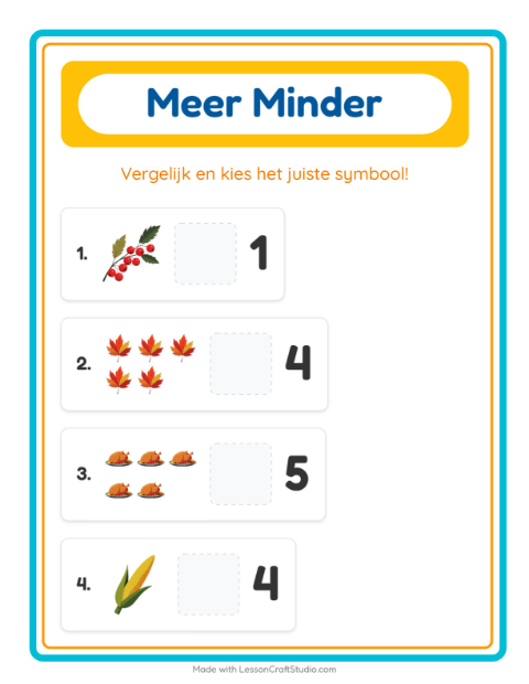 Voorbeeld van het Meer Of Minder-werkblad met Thanksgiving voor peuterklas
