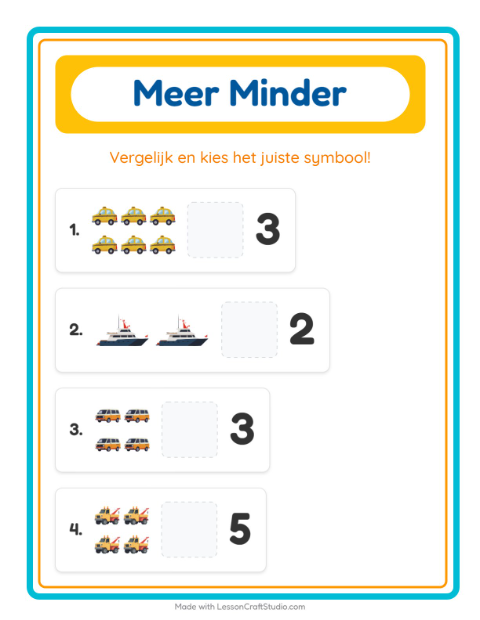 Voorbeeld van het Meer Of Minder-werkblad met Voertuigen voor peuterklas