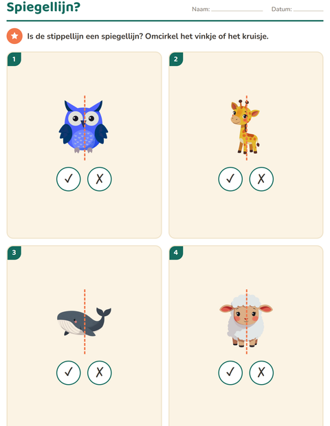Voorbeeld van het Meetkunde-werkblad met Dieren voor groep 4
