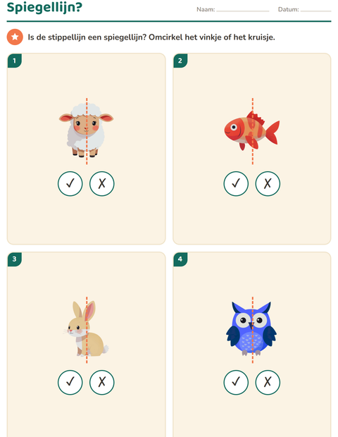 Voorbeeld van het Meetkunde-werkblad met Dieren voor groep 4