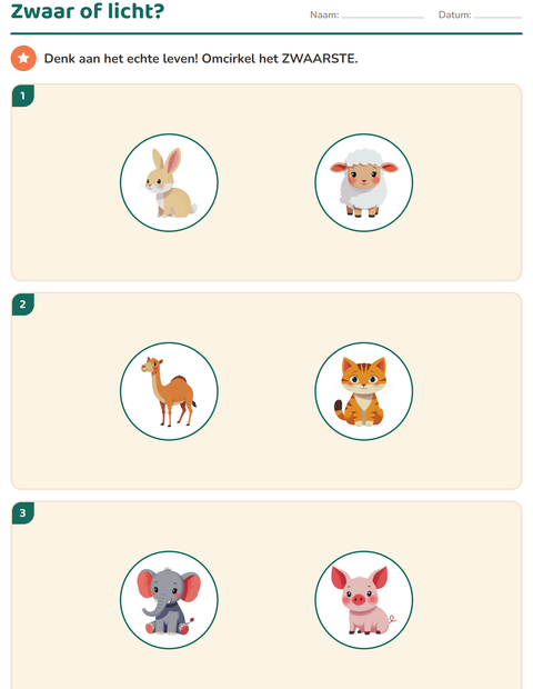 Voorbeeld van het Meten-werkblad met Dieren voor kleuterklas