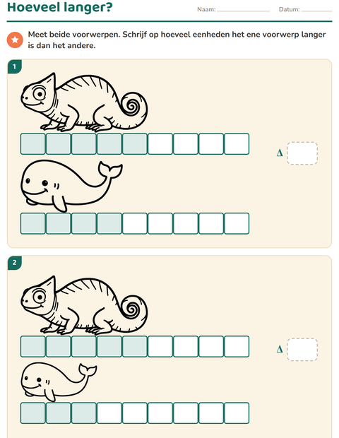 Voorbeeld van het Meten-werkblad met Dieren ZW 5 voor groep 4