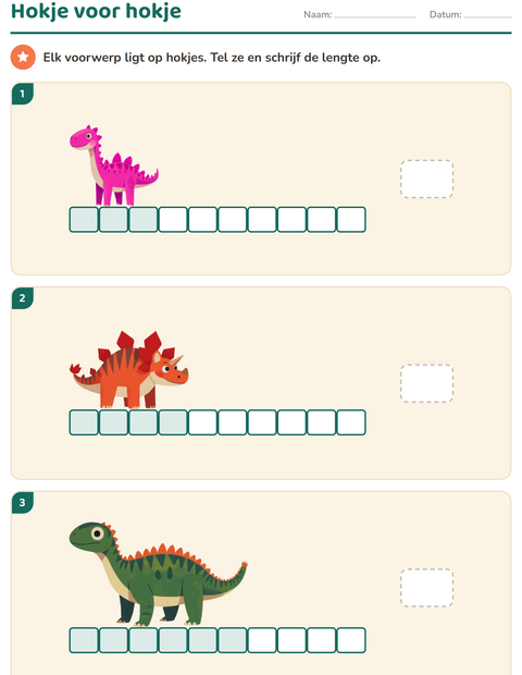 Voorbeeld van het Meten-werkblad met Dinosaurussen voor groep 3