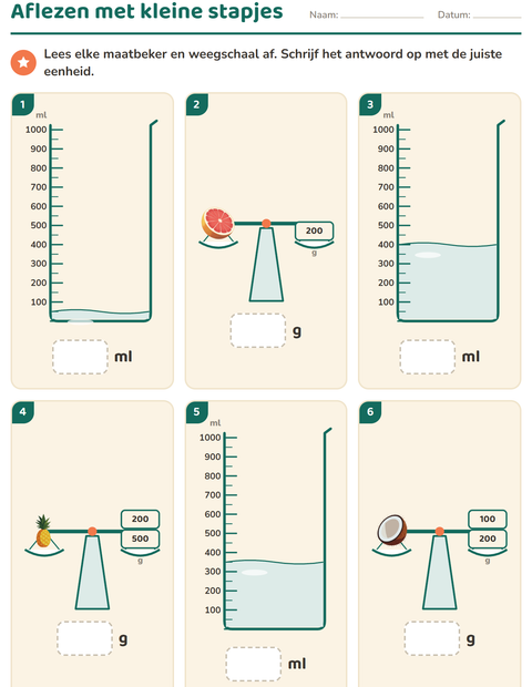 Voorbeeld van het Meten-werkblad met Fruit voor groep 4