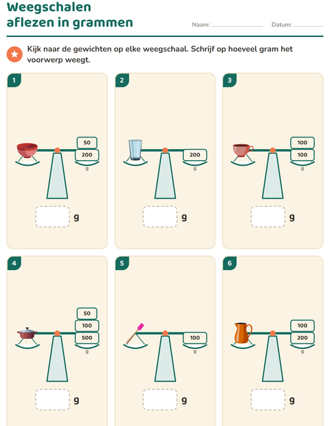 Voorbeeld van het Meten-werkblad met Keukengerei voor groep 4