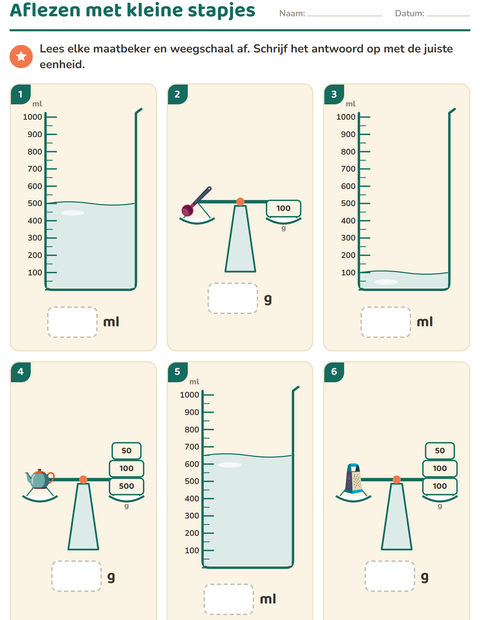 Voorbeeld van het Meten-werkblad met Keukengerei voor groep 4