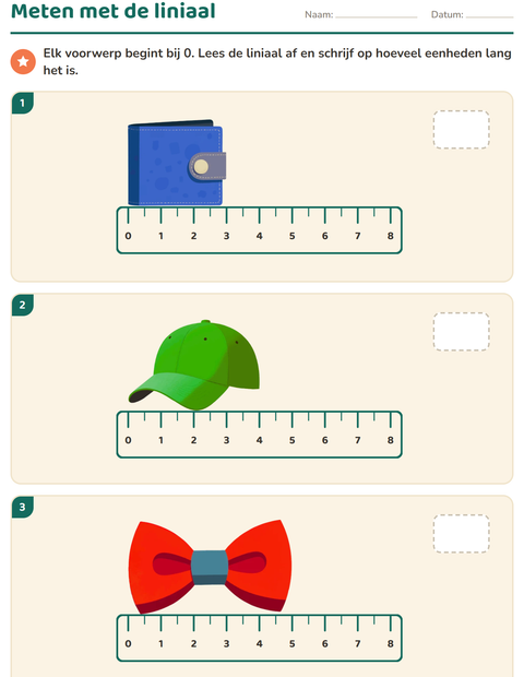 Voorbeeld van het Meten-werkblad met Accessoires voor groep 4
