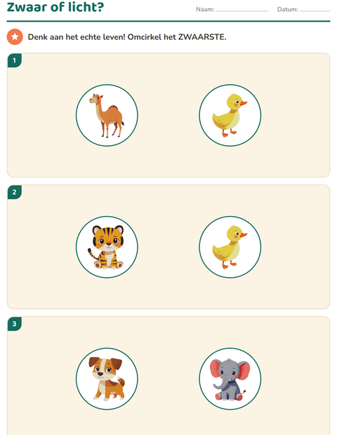 Voorbeeld van het Meten-werkblad met Dieren voor kleuterklas