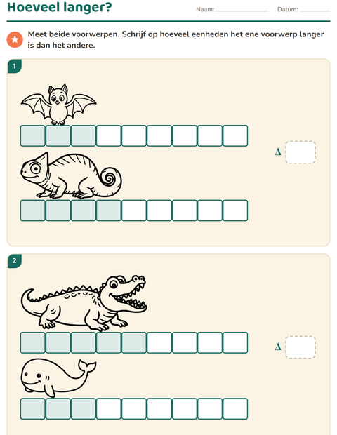 Voorbeeld van het Meten-werkblad met Dieren ZW 5 voor groep 4