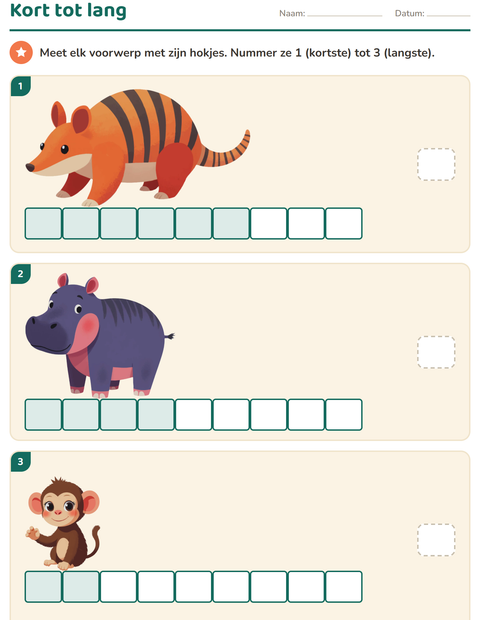 Voorbeeld van het Meten-werkblad met Dierentuindieren voor groep 3