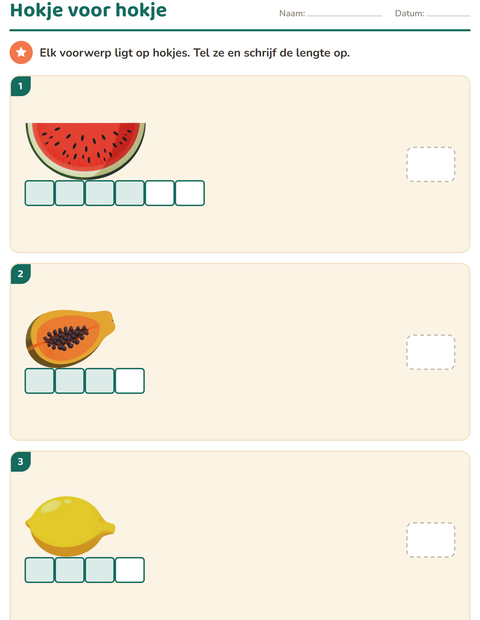 Voorbeeld van het Meten-werkblad met Fruit voor groep 3