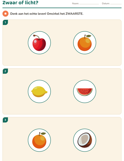 Voorbeeld van het Meten-werkblad met Fruit voor kleuterklas