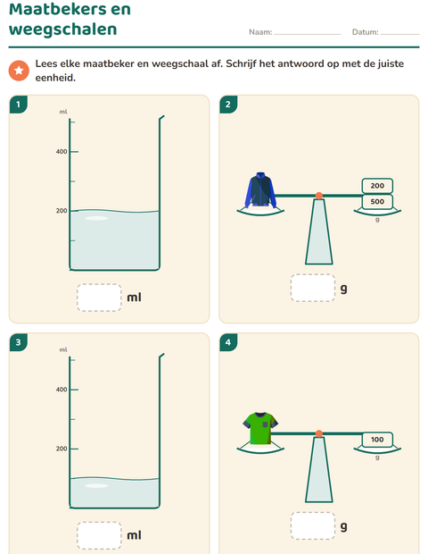 Voorbeeld van het Meten-werkblad met Kleding voor groep 4