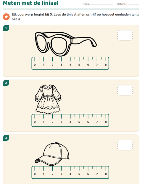 Voorbeeld van het Meten-werkblad met Kleding ZW voor groep 4