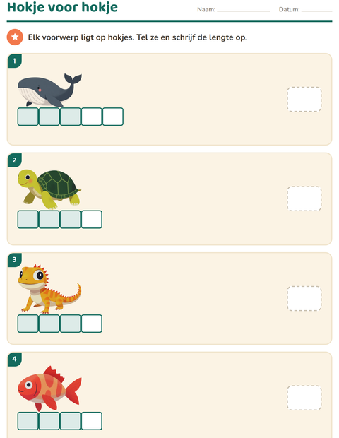 Voorbeeld van het Meten-werkblad met Dieren voor groep 3