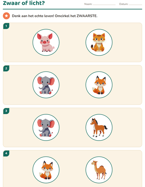Voorbeeld van het Meten-werkblad met Dieren voor kleuterklas