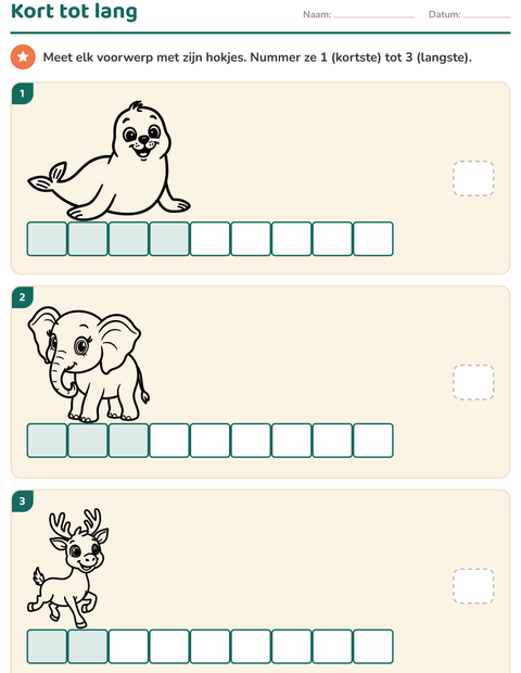 Voorbeeld van het Meten-werkblad met Dierentuindieren ZW voor groep 3